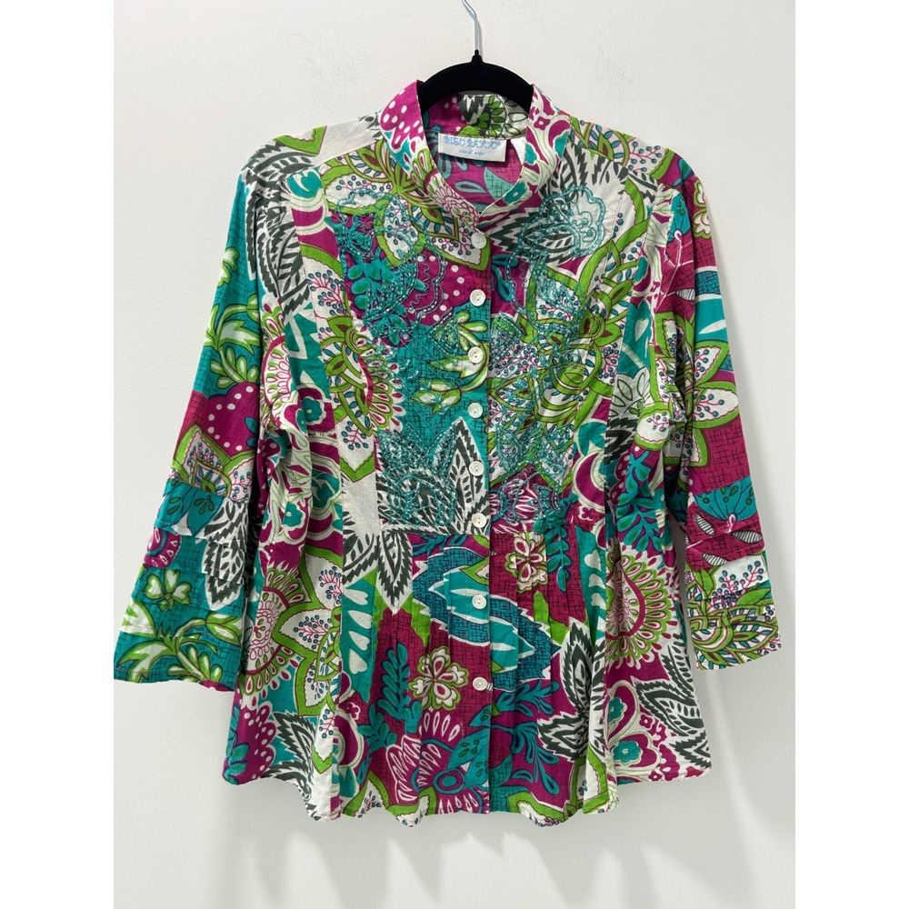 Bleu Bayou Womens Cotton Paisley Beaded Button Up Blouse Multi Color Size L